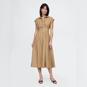 GAP Tan Poplin Button-Front Midi Shirt Dress with Pockets
